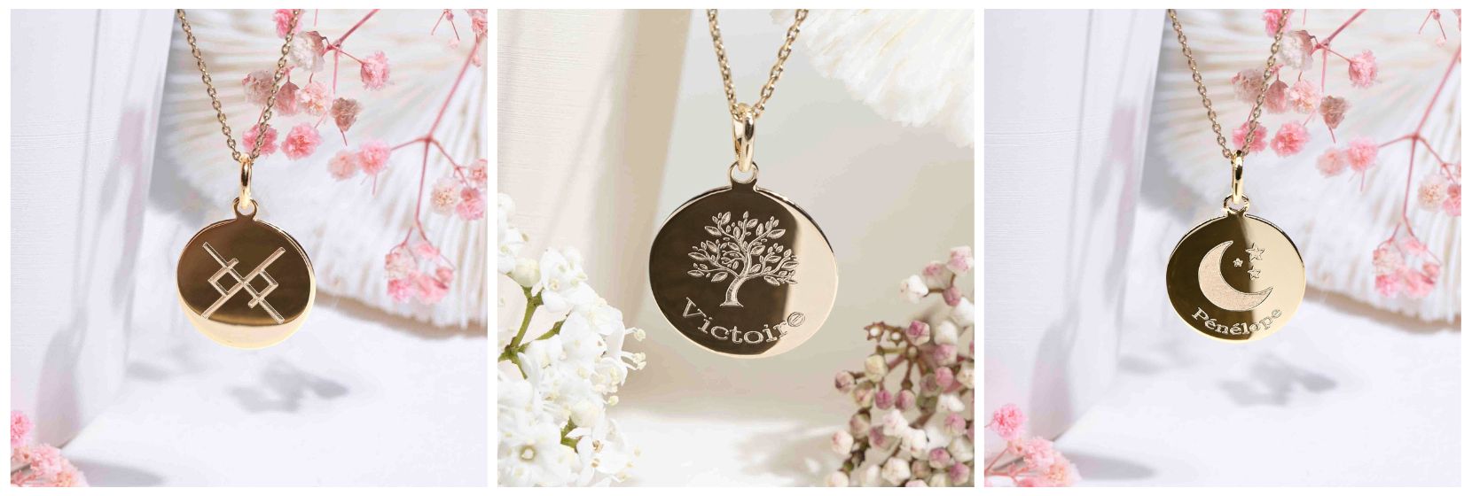 Médaille de baptême symboles spirituels Arbre de vie et Soleil pour fille garçon et adulte avec gravure mantra au verso