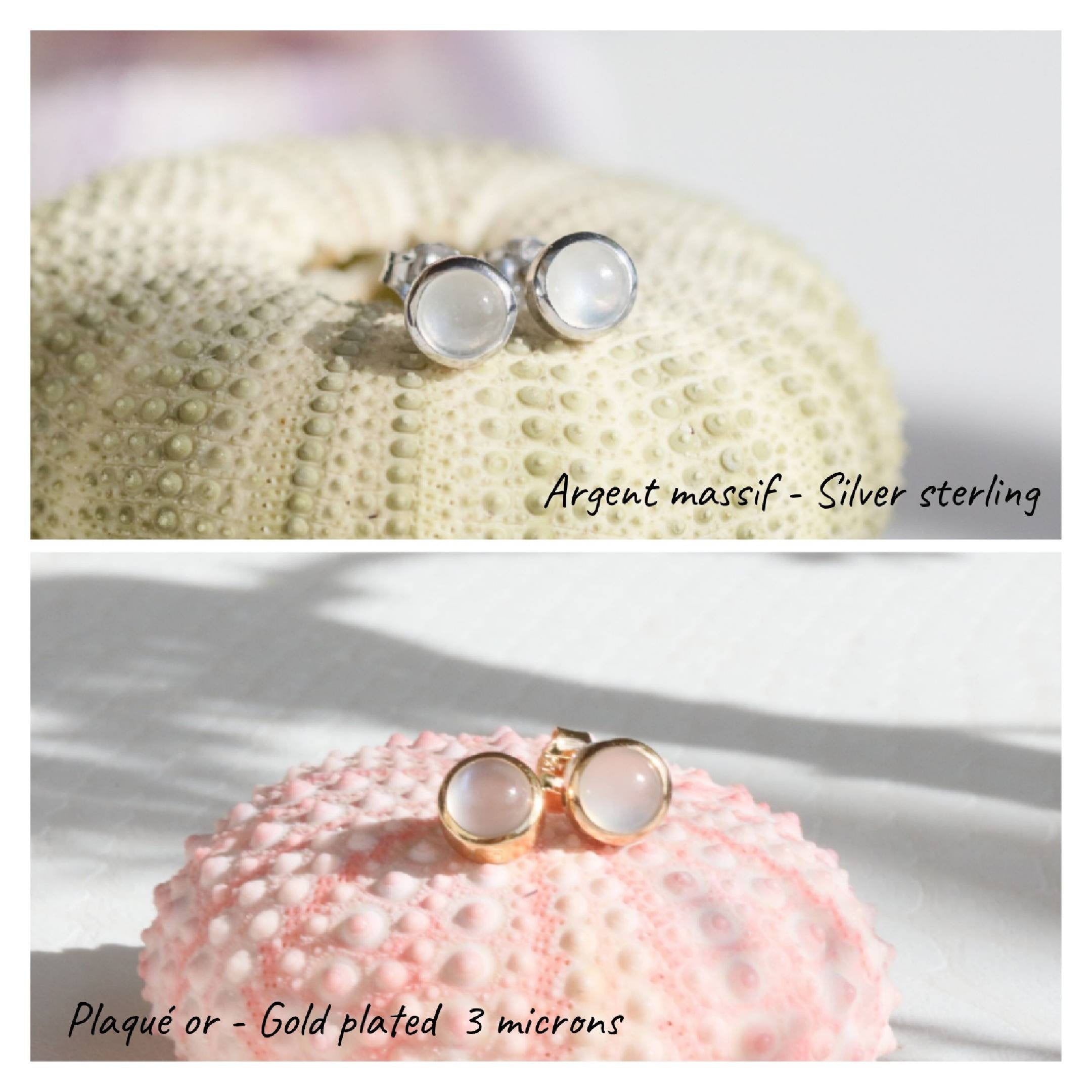 Boucles d'oreilles PIERRE DE LUNE, pierre naturelle, plaqué or 3 microns ou argent massif haute qualité française, Baby Moon 483