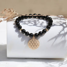 bracelet protection en obsidienne noire, pierre naturelle, avec pendentif fleur de vie - Atelier Deepstones