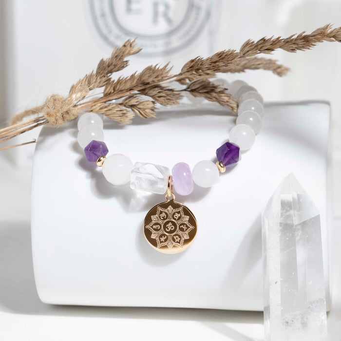 bracelet CHAKRA en cristal de roche, améthyste et jade blanc- Equilibre des chakras