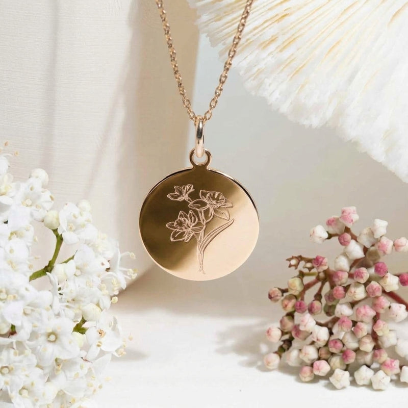 Collier et pendentif fleur de naissance de mars, la jonquille plaqué or ou argent - Atelier  artisanal DeepStones
