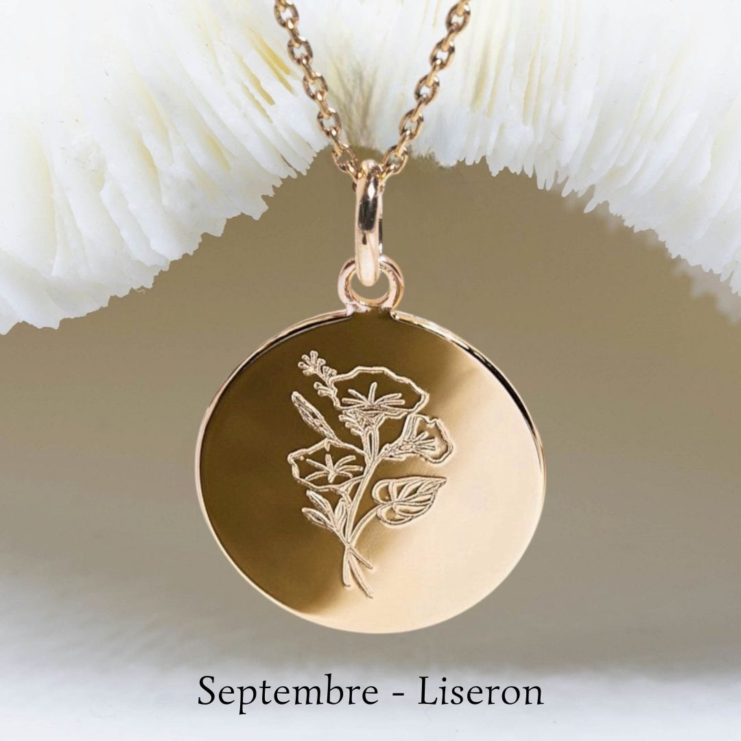 FLEUR DE NAISSANCE SEPTEMBRE : Le LISERON - Médaille gravée 17mm