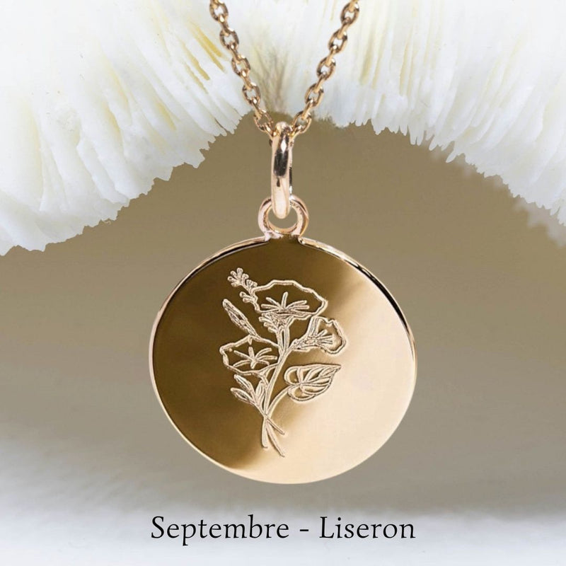 FLEUR DE NAISSANCE SEPTEMBRE : Le LISERON - Médaille gravée 17mm