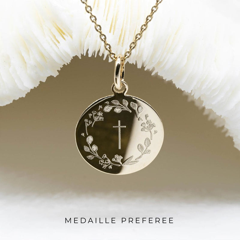 médaille de baptême fille ou garçon avec c et couronne champêtre - modèle JOY