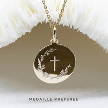 Médaille de baptême couronne de fleur et croix pour fille ou garçon - modèle ELLA