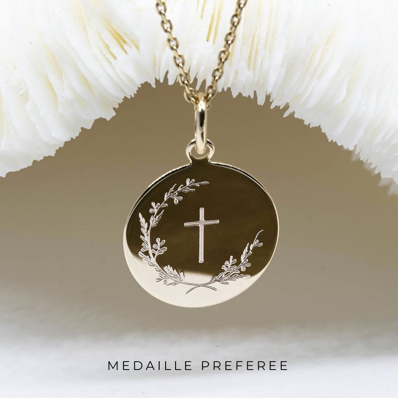 Médaille de baptême couronne de fleur et croix pour fille ou garçon - modèle ELLA