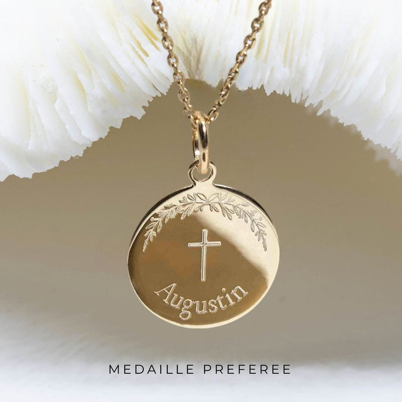 Médaille de Baptême avec Croix et Couronne Laurierpour fille ou garçon - Modèle AUGUSTIN