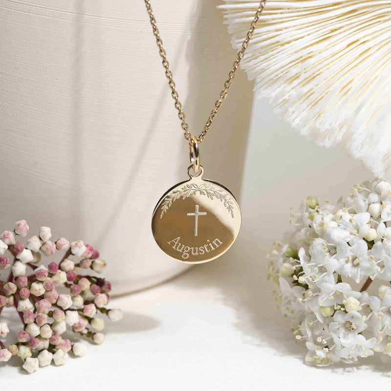 Médaille de baptême champêtre avec croix pour fille ou garçon en plaqué or - Atelier artisanal DeepSones