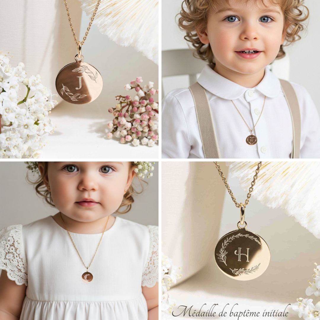 Médaille de baptême initiale personnalisée en plaqué or & argent 925