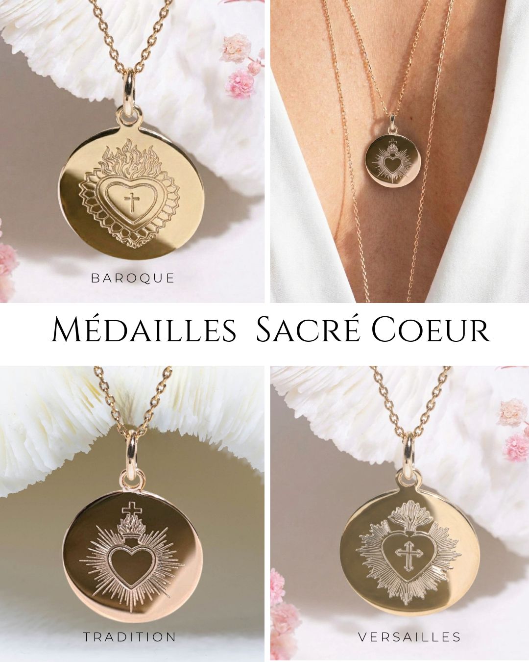 Médailles sacré coeur - 3 créations originales DeepStones - modèles Baroque, Versailles & Tradition - Gravure artisanale au diamant