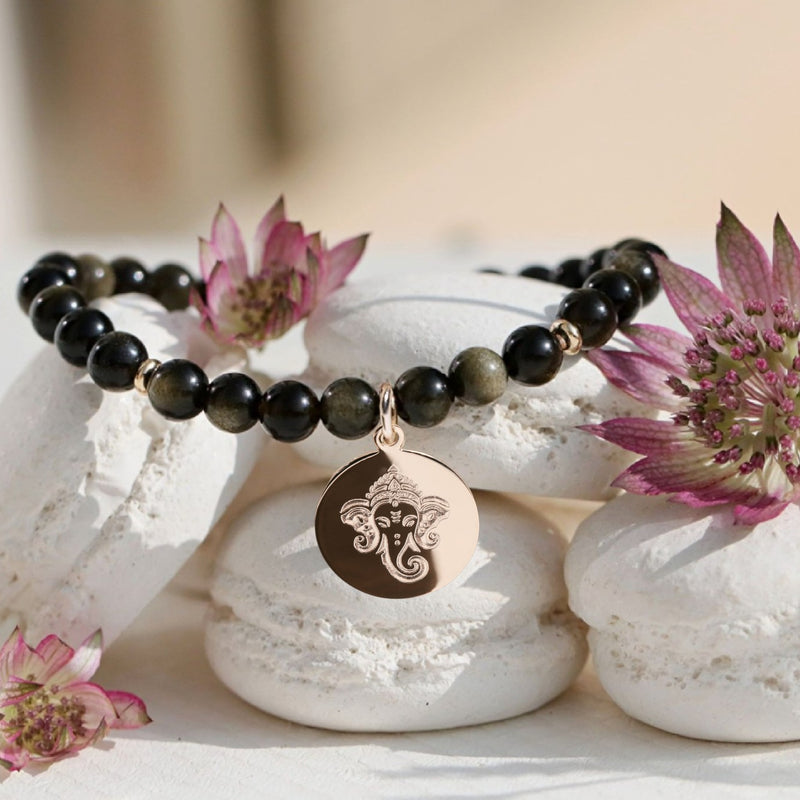bracelet Ganesh, dieu hindouiste, pierre naturelle et médaille gravée en plaqué or ou argent 925 - Artisanat français