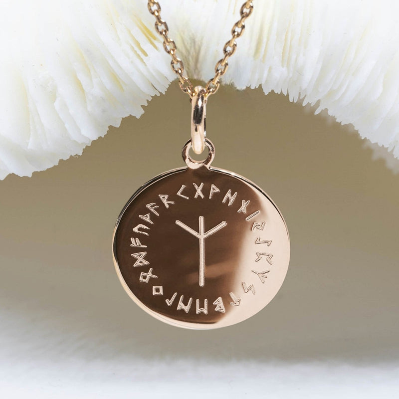 Algiz rune viking et les 24 runes Futhark - collier plaqué or ou argent 925