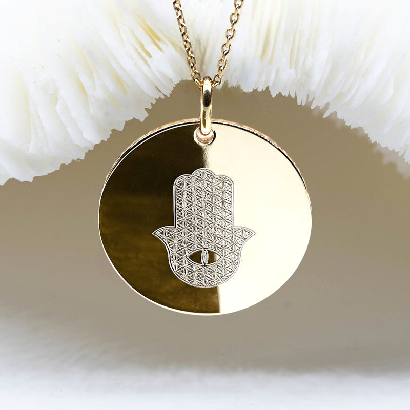 Collier Main de Fatma Hamsa et Fleur de Vie en plaqué or 18k ou argent 925