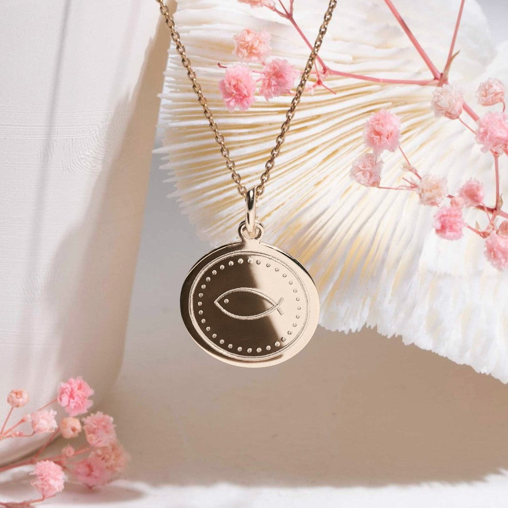 médaille de baptême poisson - symbole chrétien ICTUS - plaqué or ou argent 925