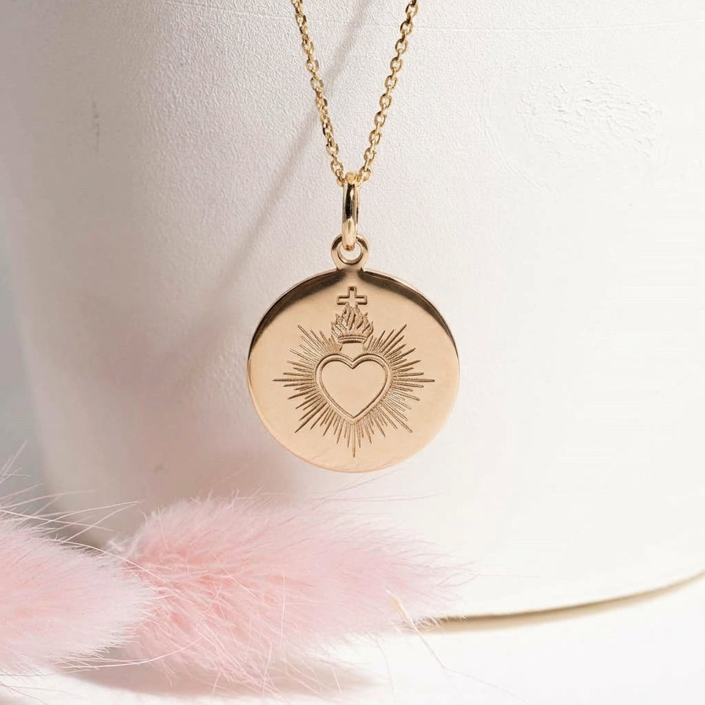 Collier Sacré coeur en plaqué or 18 carats  - Baptême chrétien adulte ou enfant - Atlier artisanal DeepStones