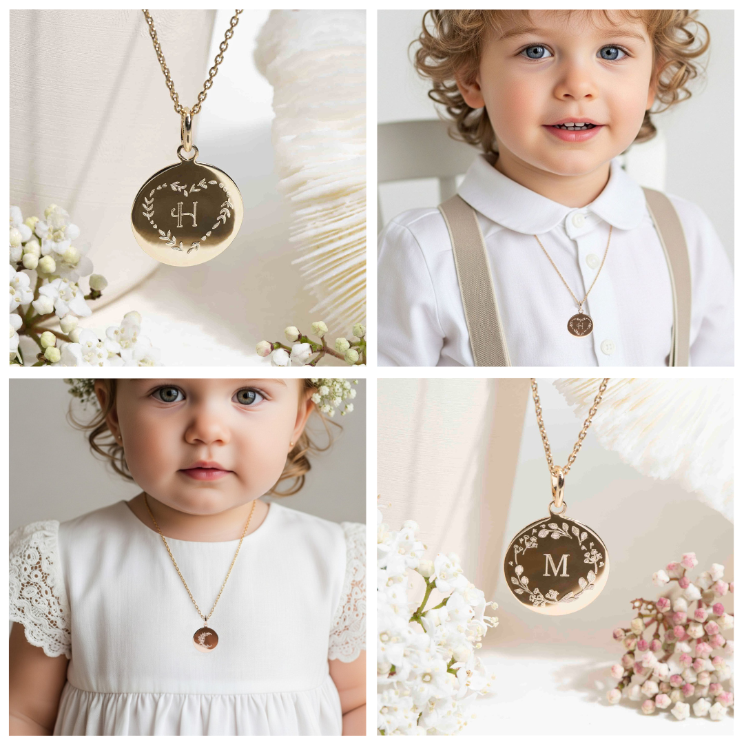 Médaille de baptême initiale personnalisée en plaqué or 18 carats