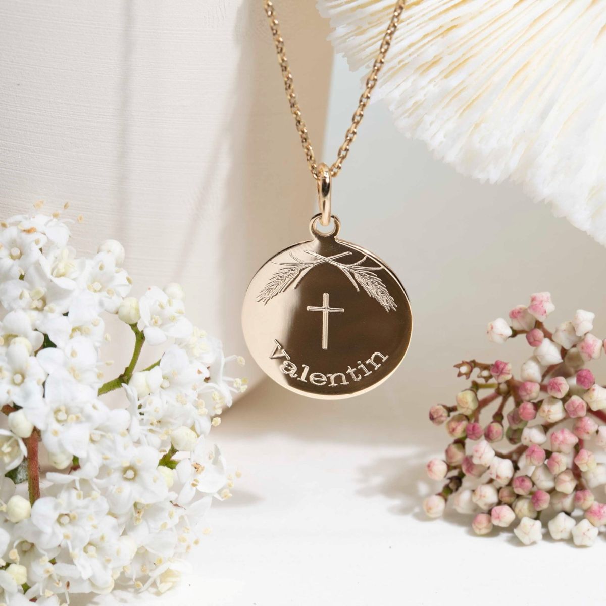 médaille de baptême moderne avec croix fille ou garçon, plaqué or 18k ou argent 925 