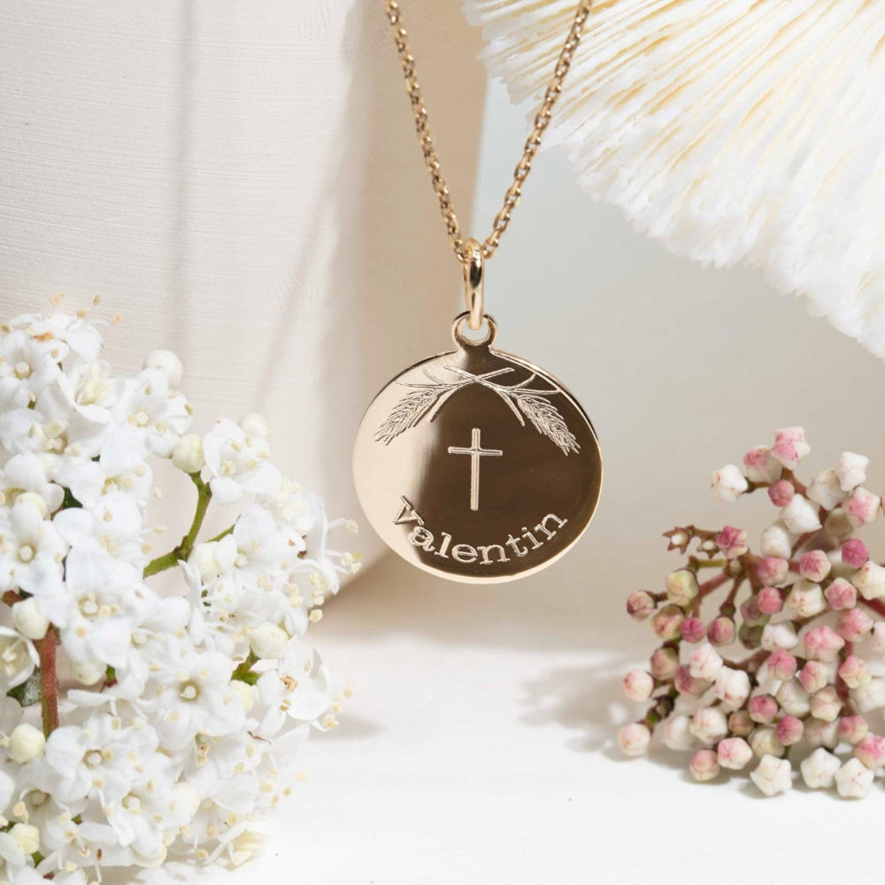 Médaille baptême religieux croix chrétienne fille garçon, plaqué or 18k ou argent 925