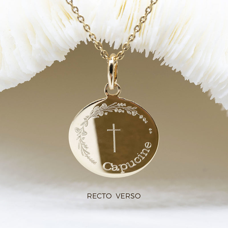 Médaille de baptême religieux fille avec croix et couronne champêtre - modèle Capucine