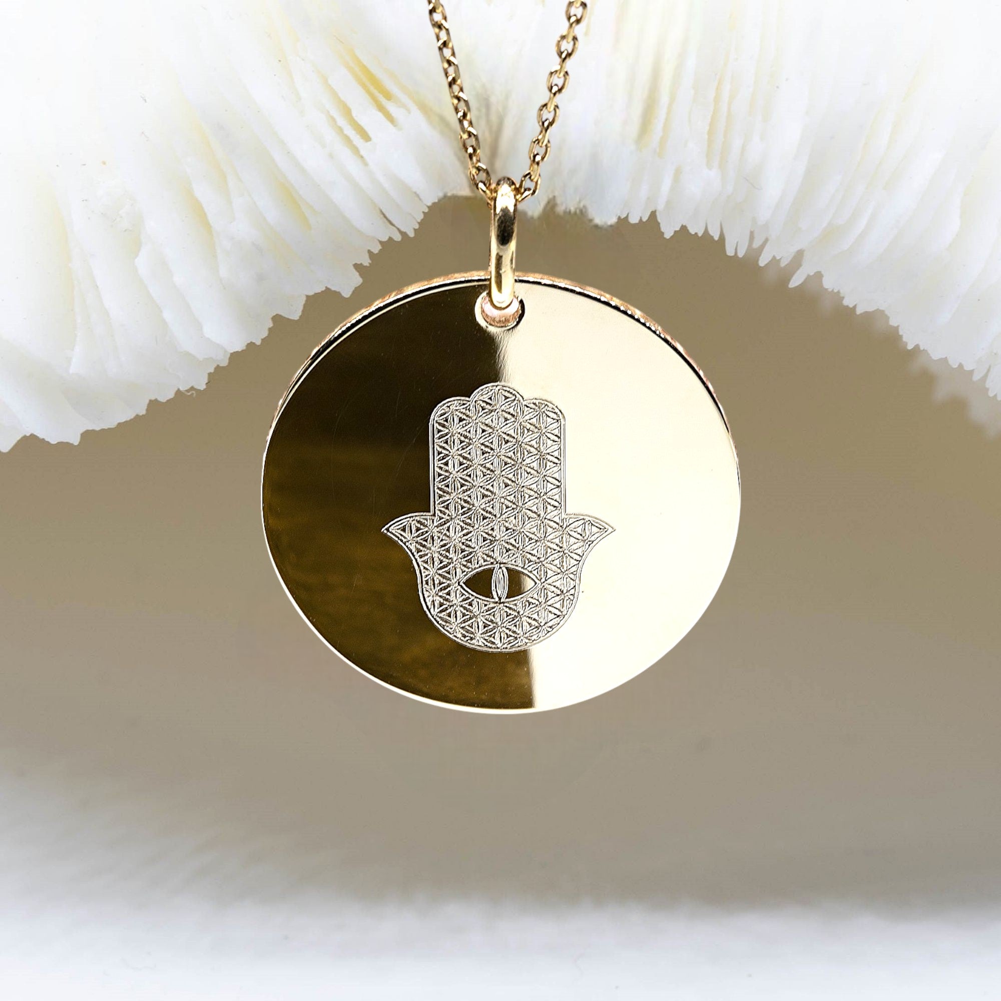 Pendentif Main de Fatma Hamsa et Fleur de Vie - collier en plaqué or 18k ou argent 925