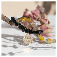 bracelet yoga en obsidienne et pendentif fleur de vie en plaqué or - création originale Atelier DeepStones