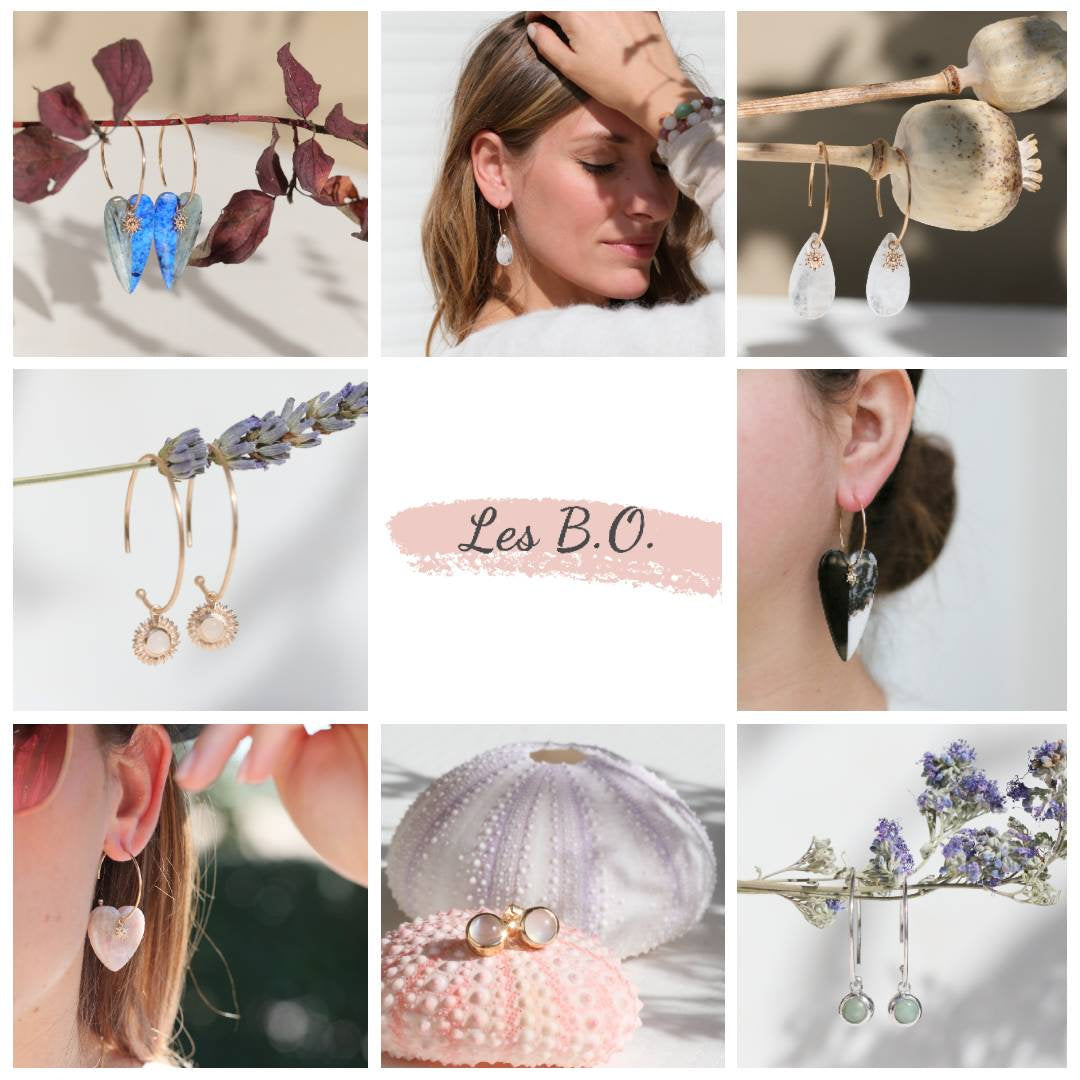Boucles d'oreille femme pierre naturelle, plaqué or 