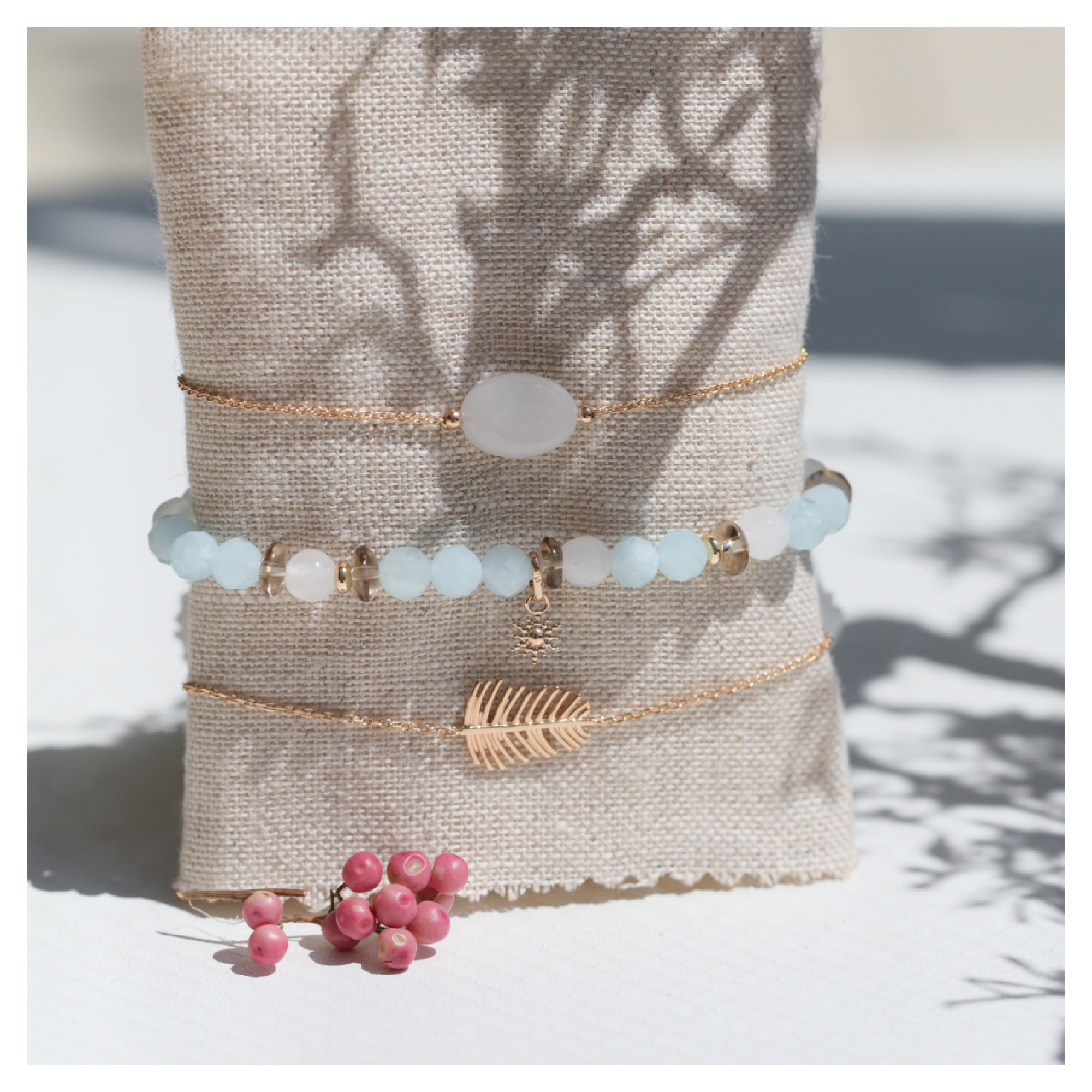 Bracelet aigue-marine quartz fumé jade 