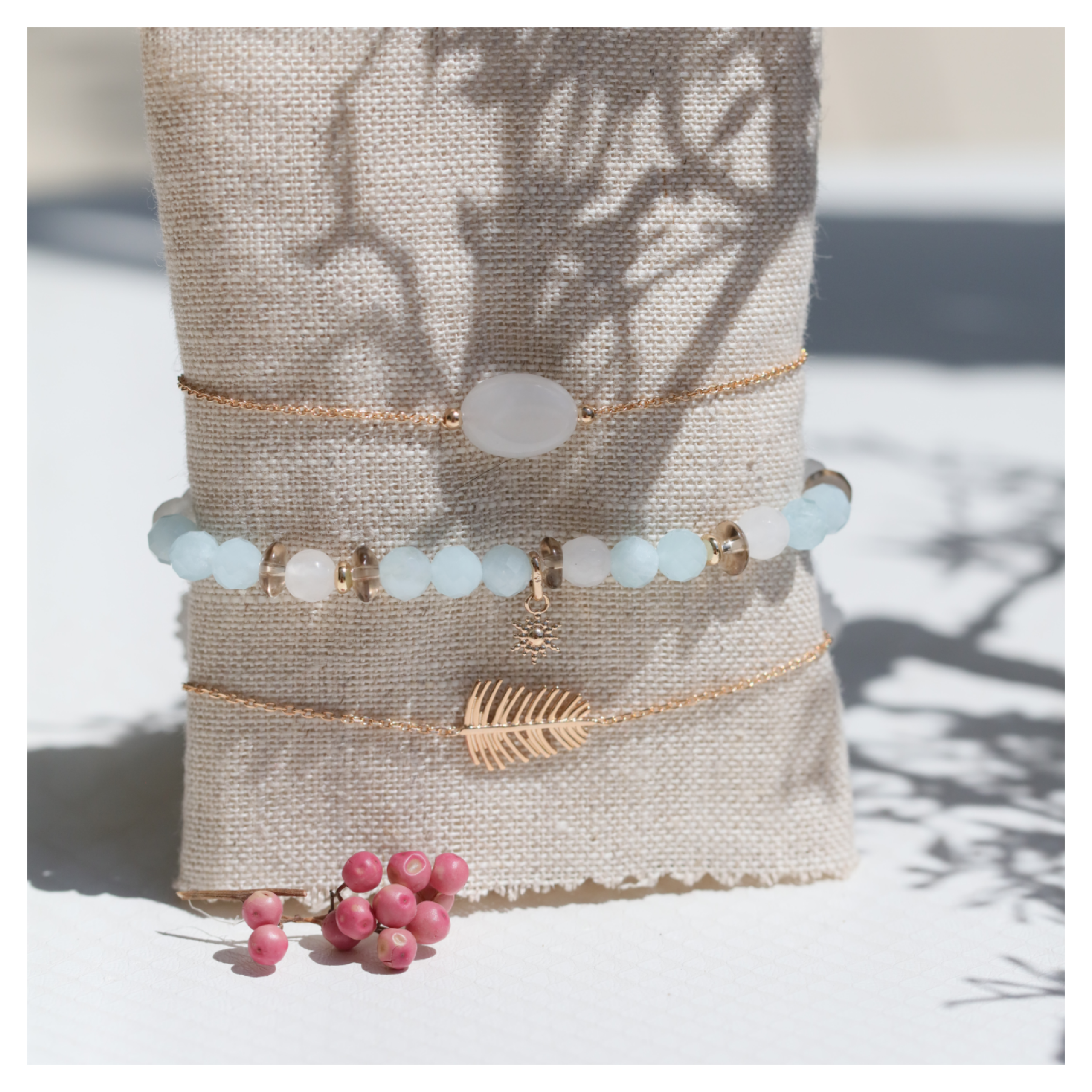 Bracelet aigue-marine quartz fumé jade 