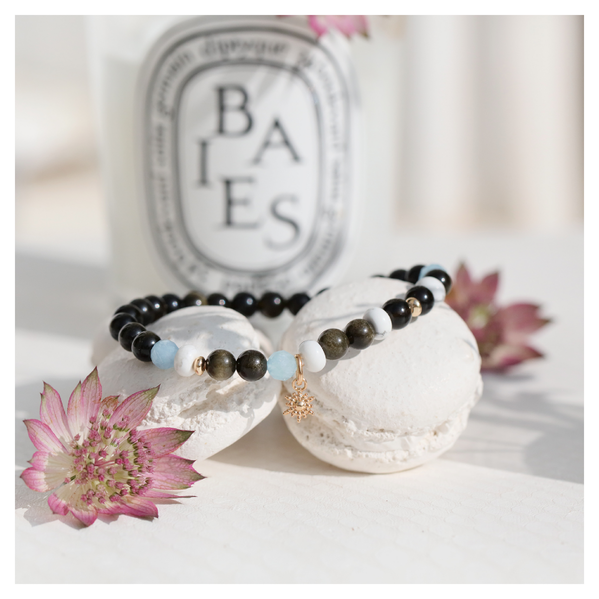 Bracelet obsidienne howlite aigue marine