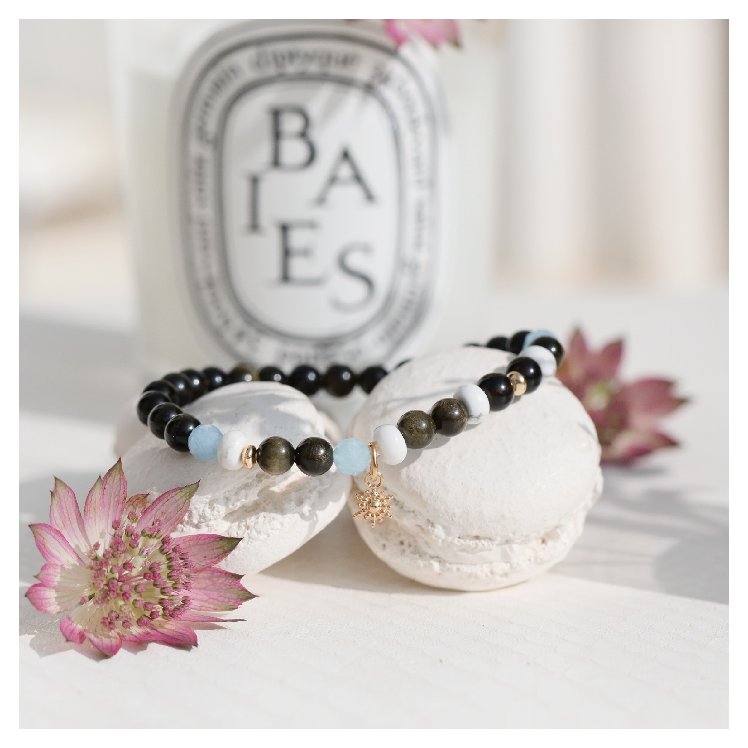 Bracelet obsidienne howlite aigue marine
